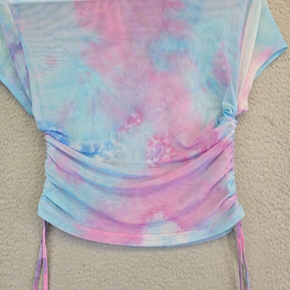 Riley James‎ Top Womens M Blue Pink Tie Dye Micromesh Ruched Rave Music Festive - Picture 6 of 11